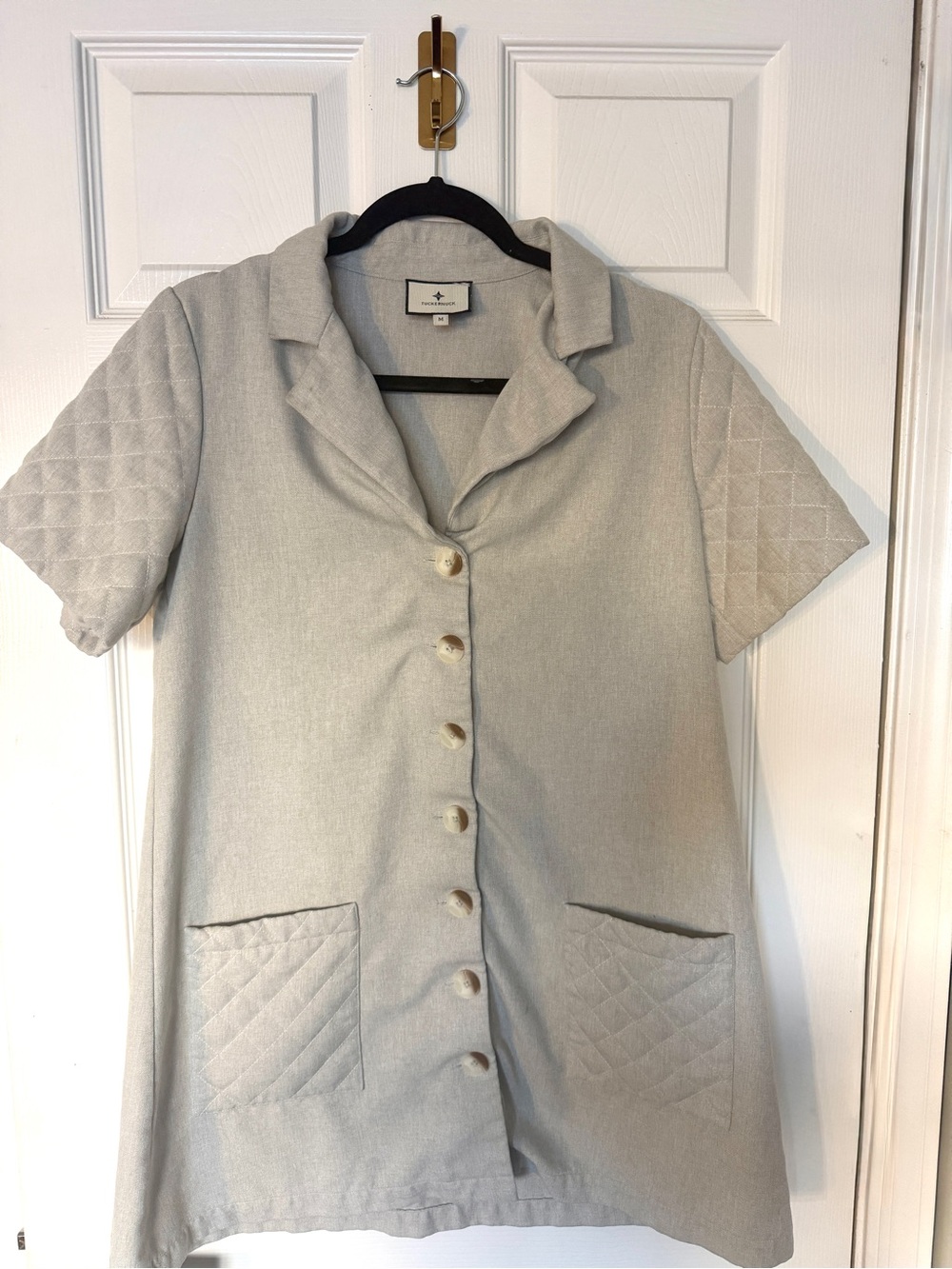 Tuckernuck Quilted Short Sleeve Button-Front Mini Dress in Khaki / Summer Sands